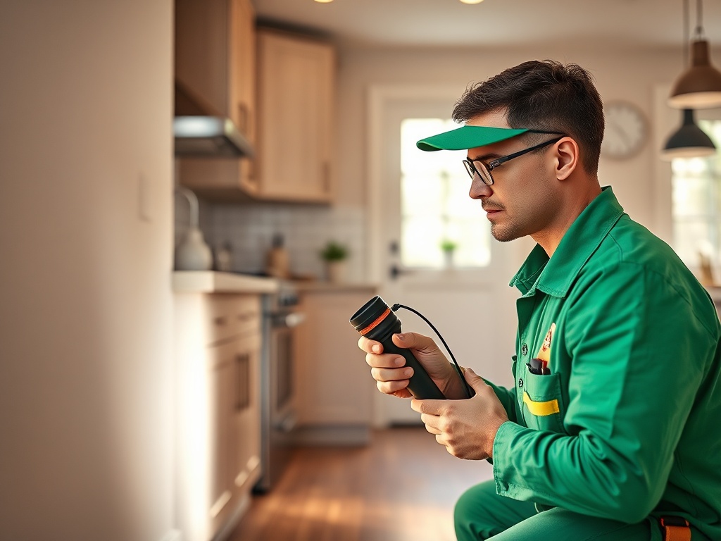 Pest control technician applying treatment outdoors